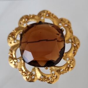 Vintage FLORENZA LARGE TOPAZ GLASS STONE BROOCH/PENDANT